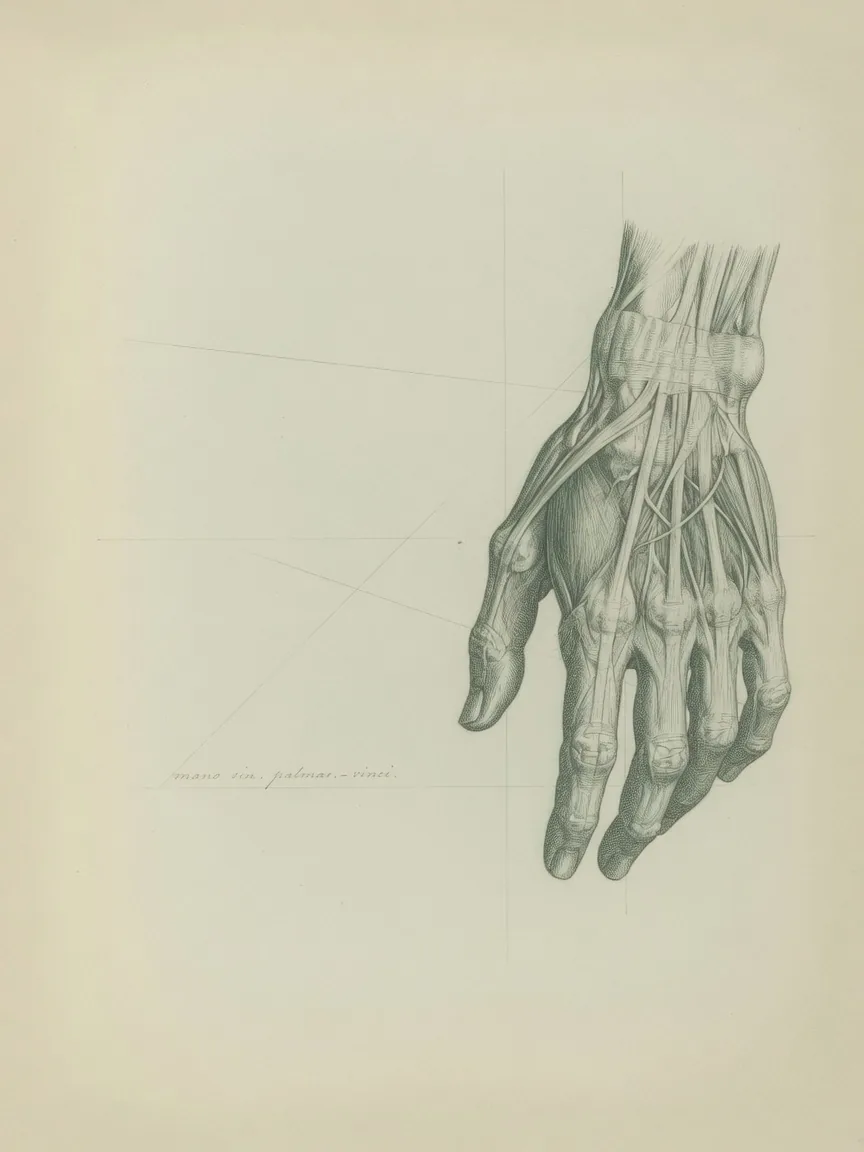 Grabado anatómico de una mano, con tendones y músculos